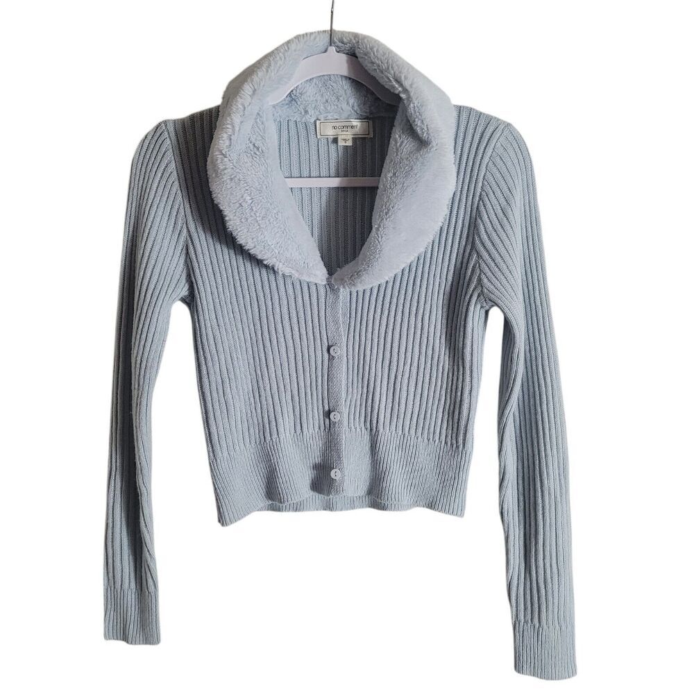 No Comment Ribbed Knit Cardigan Faux Fur Collar Women's Size Small Blue Y2K